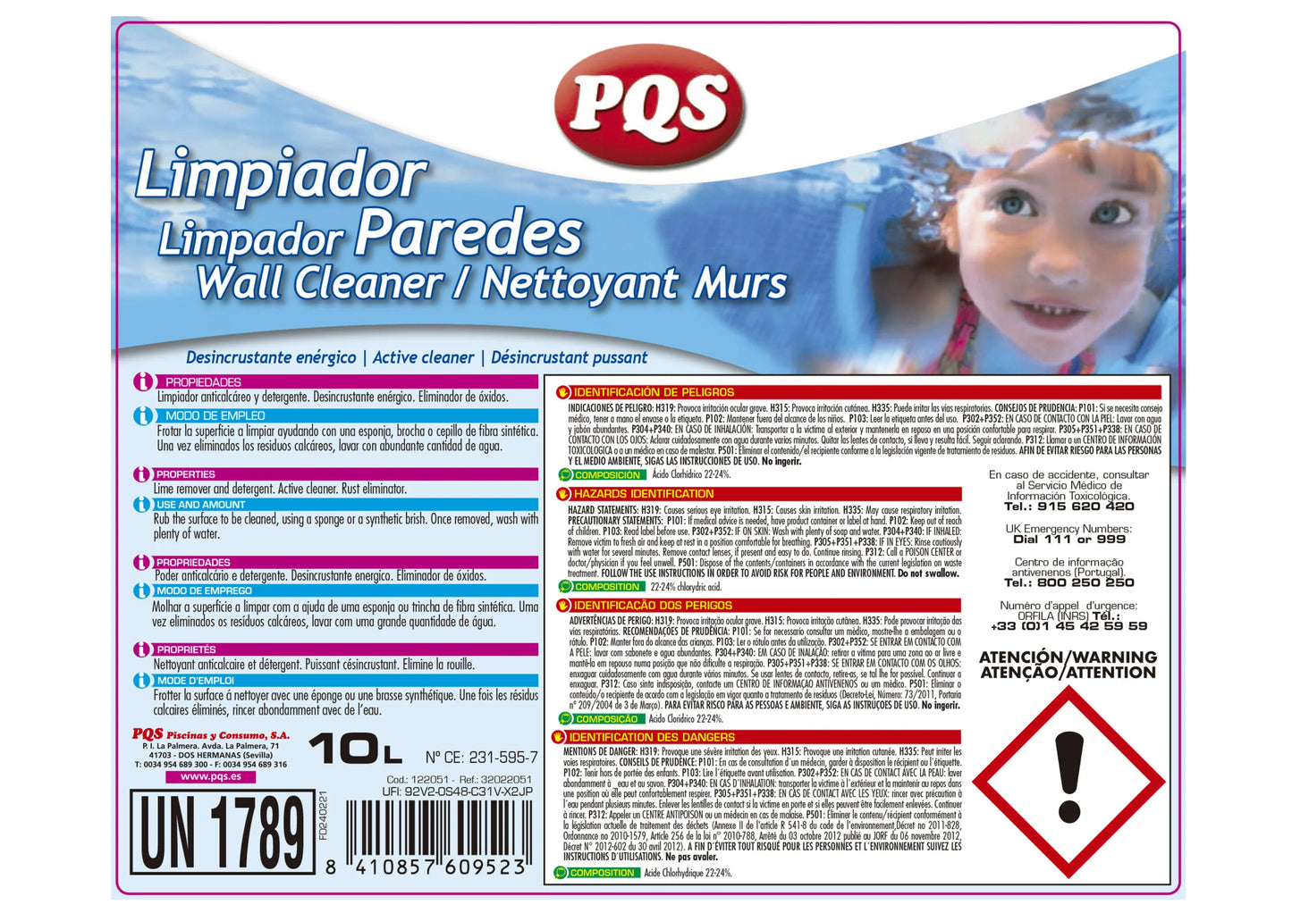 Limpiador de paredes para piscina, desincrustante, envase 10
